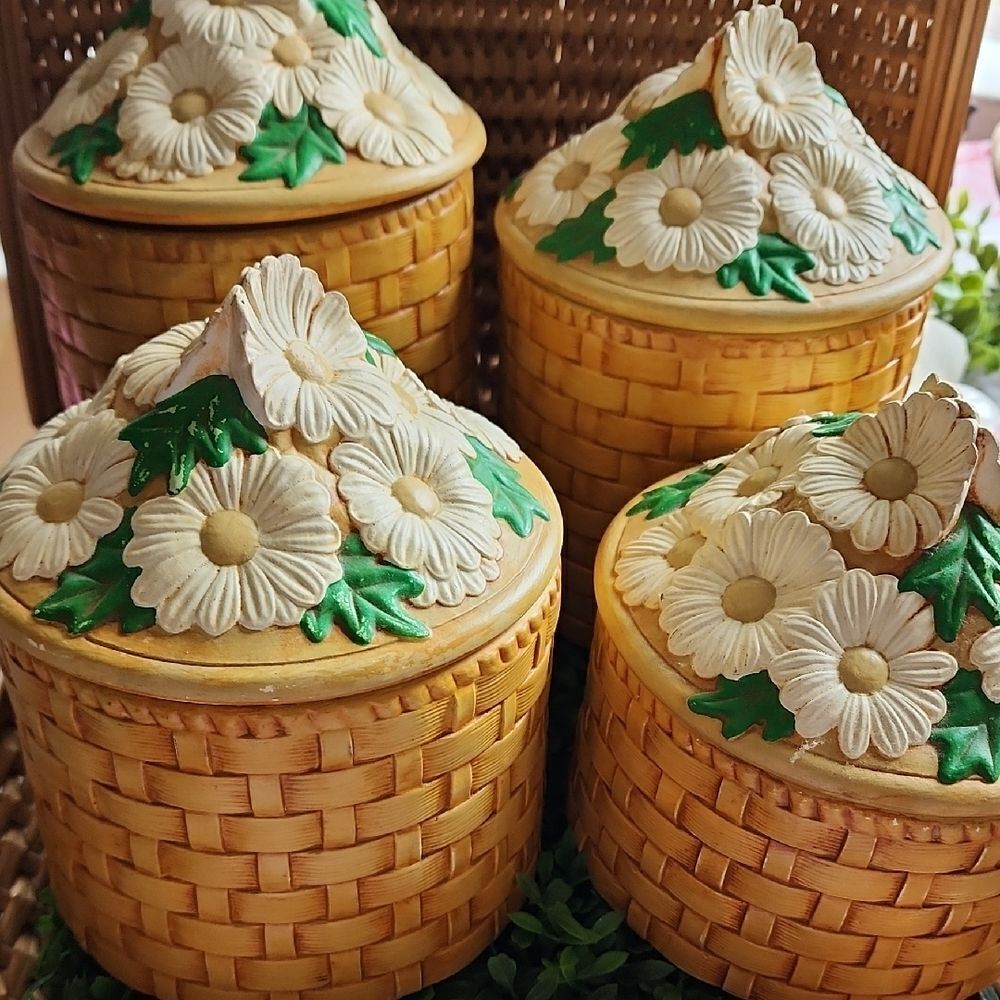 Vintage 70's Set Of 4 Daisy & Basket Weave Ceramic Canisters